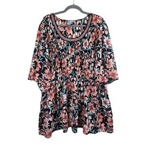 Catherines Floral Print Accordion Pleated Tunic Top‎ 4X Embellished Bohemian